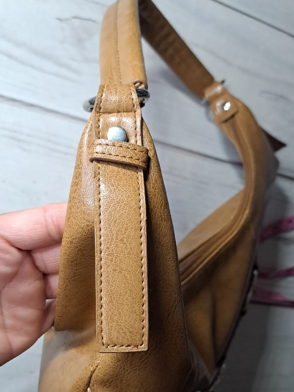 Women's Tan Hobo Shoulder Bag with Silver Ring Accents